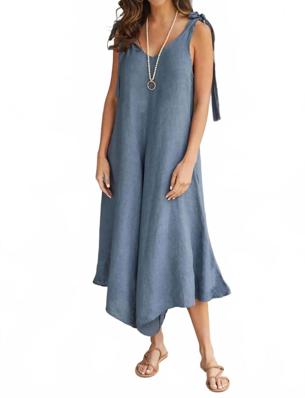 NEW MILIO MILANO tie shoulder linen jumpsuit in denim blue